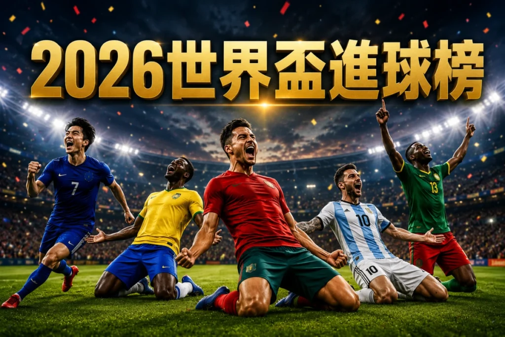 2026世界盃進球榜精選圖，呈現多名球員進球慶祝畫面，介紹世足射手榜與金靴獎競爭焦點。