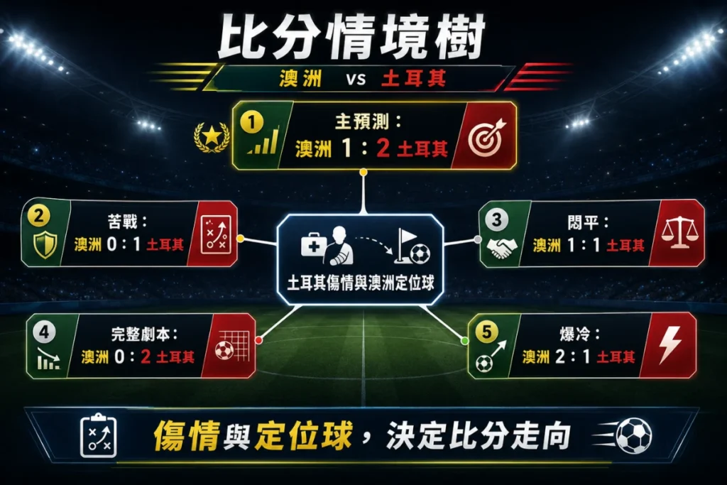 澳洲對土耳其比分情境樹,整理澳洲 1 比 2 土耳其、0 比 1、1 比 1 與爆冷劇本。
