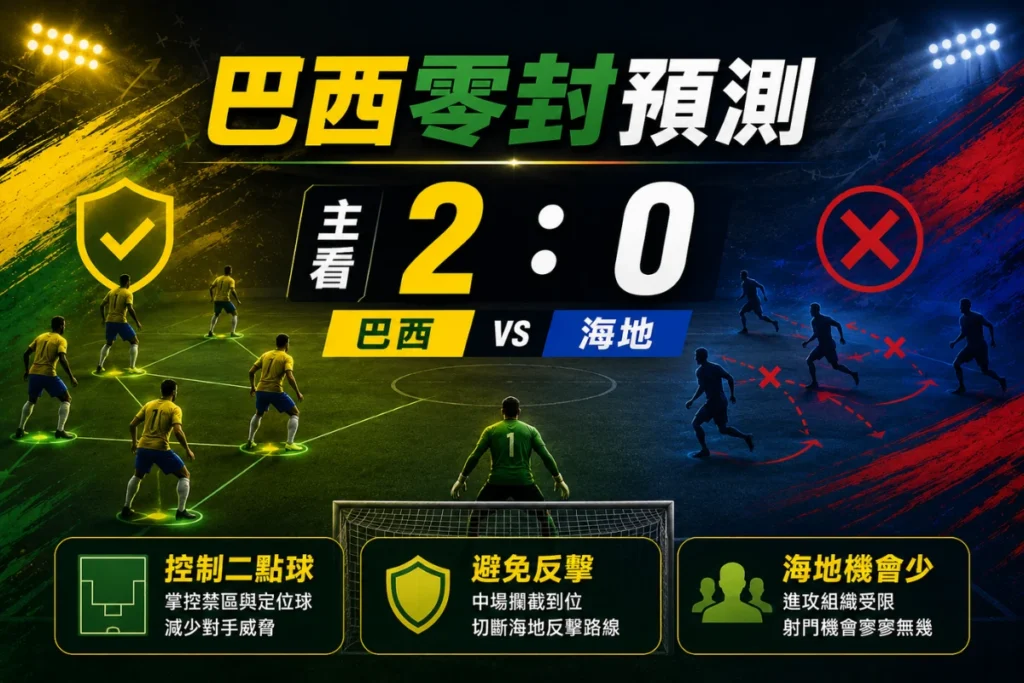巴西對海地零封預測,巴西若控制二點球與反擊風險,有望 2 比 0 取勝。