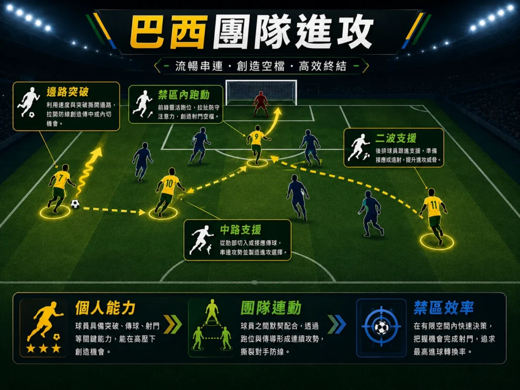 巴西團隊進攻分析，邊路突破、中路支援與二波進攻是破防重點。