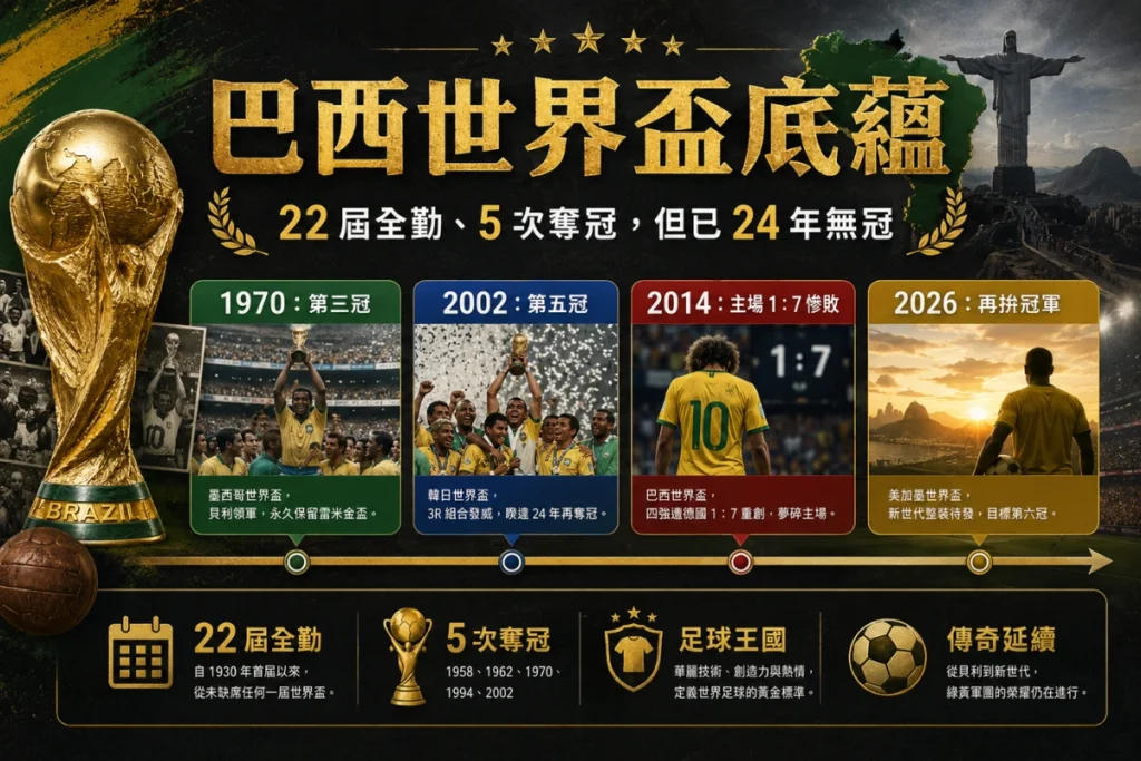巴西世界盃歷史整理,說明 22 屆全勤、5 次奪冠與近年冠軍壓力。