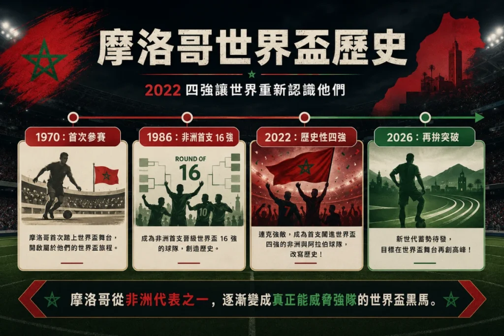 摩洛哥世界盃歷史整理,說明 1986 十六強與 2022 四強代表作。