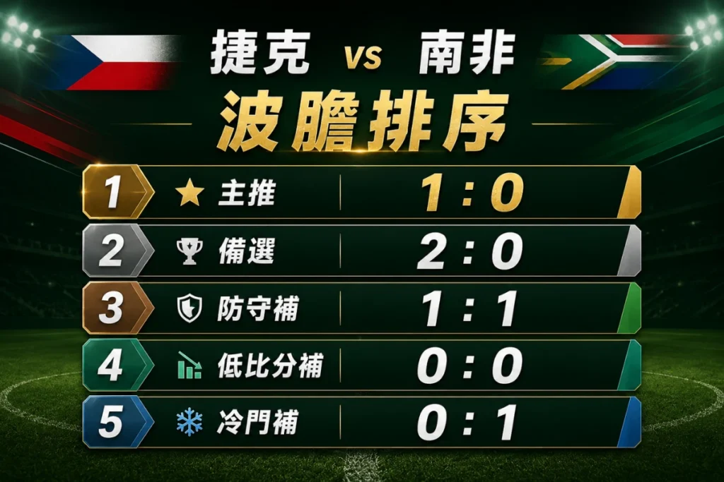 捷克 vs 南非波膽排序,整理捷克 1 比 0 主推與 2 比 0 備選方向。