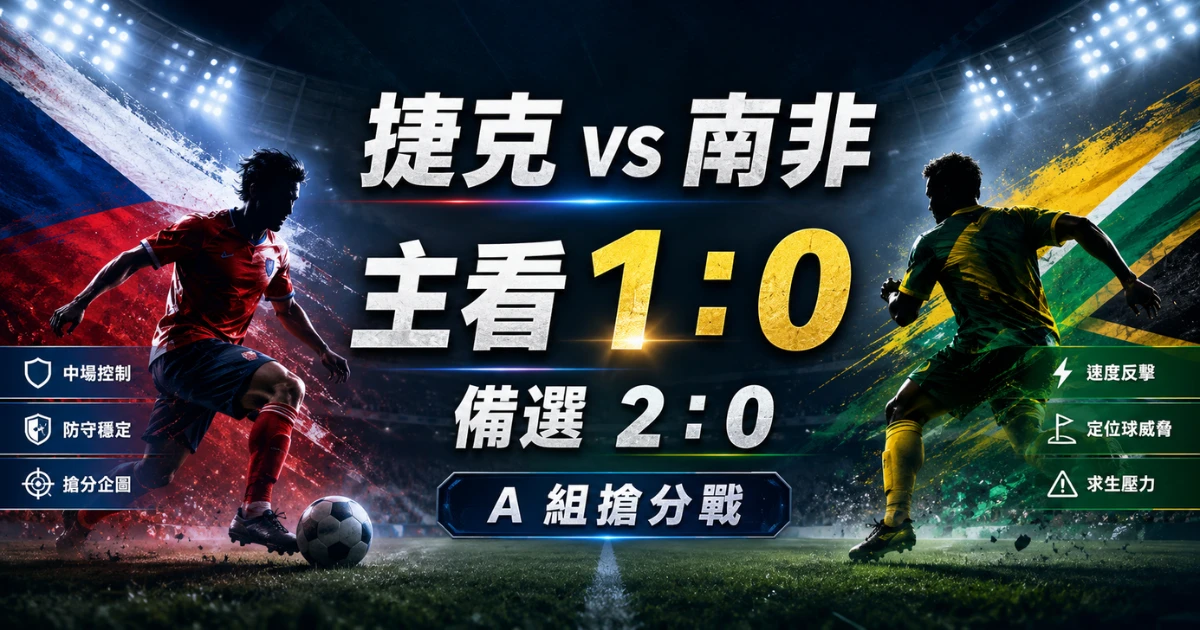 捷克 vs 南非預測，主看捷克 1 比 0 小勝，備選捷克 2 比 0。