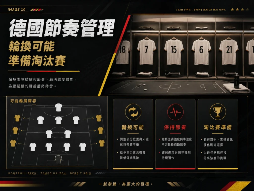 德國需要管理比賽節奏與輪換體能，準備後續淘汰賽挑戰。