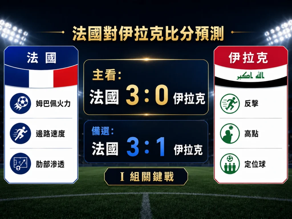 法國對伊拉克比分預測，主看法國 3 比 0，備選法國 3 比 1。