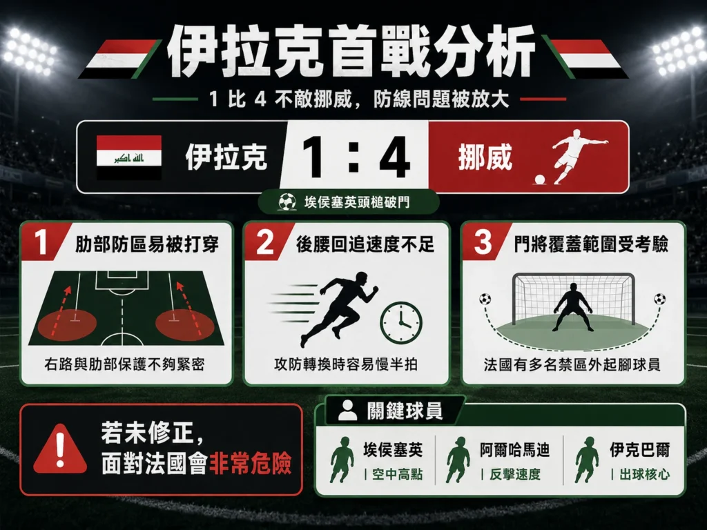 伊拉克首戰 1 比 4 不敵挪威，分析防線問題、後腰回追與門將受考驗。