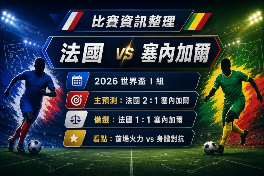 法國 vs 塞內加爾比賽資訊,整理 I 組對戰、主預測 2 比 1 與備選 1 比 1。