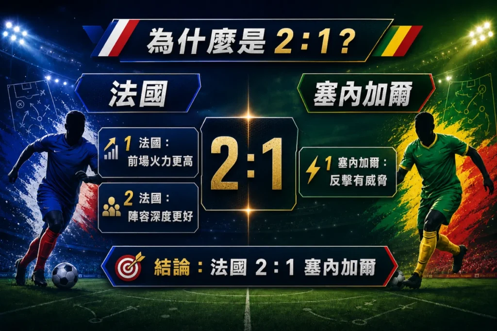 法國對塞內加爾 2 比 1 推論圖,整理法國前場火力與塞內加爾反擊威脅。