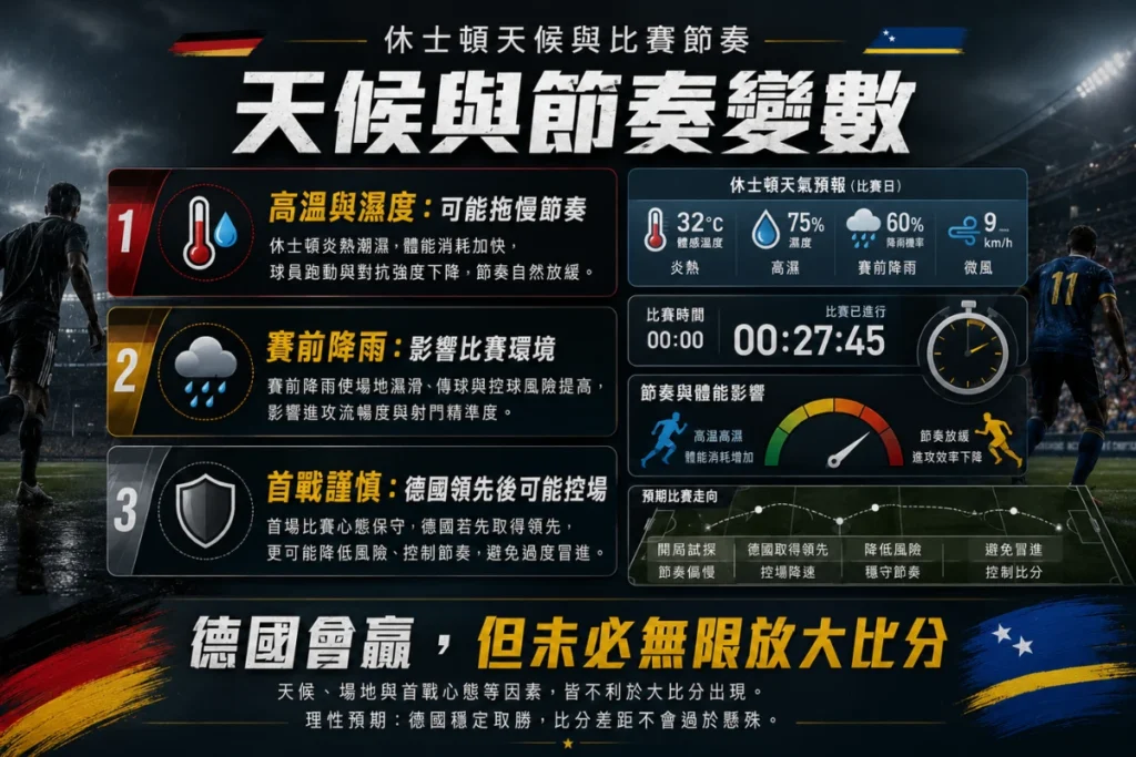休士頓天候與比賽節奏分析,整理高溫、降雨、首戰謹慎與比分幅度影響。