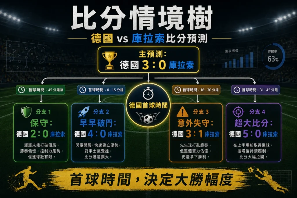 德國對庫拉索比分情境樹,整理德國 3 比 0、2 比 0、4 比 0 與 3 比 1 劇本。