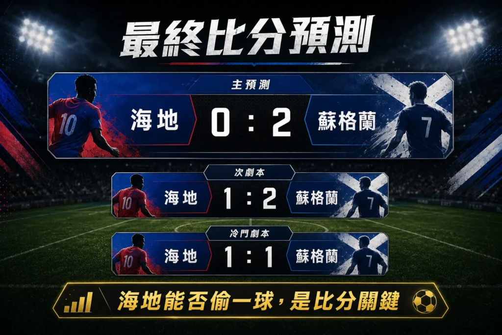 海地對蘇格蘭最終比分預測,整理 0 比 2、1 比 2 與 1 比 1 冷門劇本。