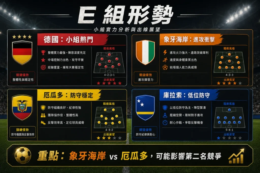 世界盃 E 組形勢分析,整理德國、象牙海岸、厄瓜多與庫拉索的小組定位。