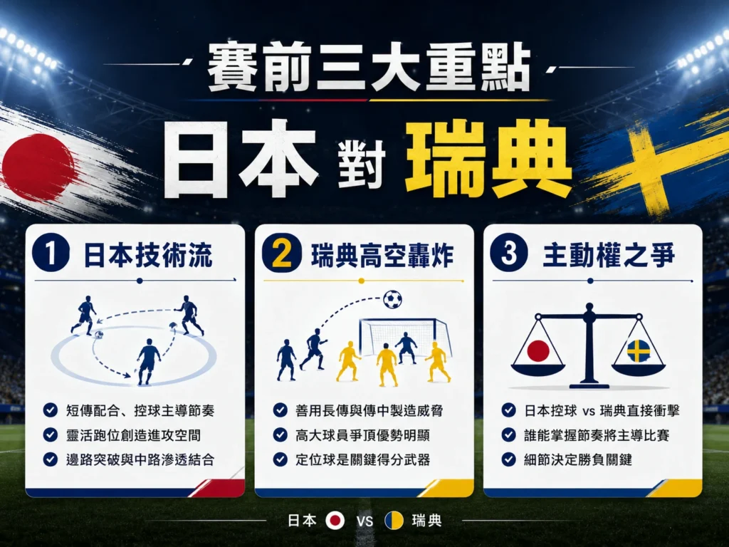 日本對瑞典賽前三大重點，日本技術流、瑞典高空球與主動權之爭。