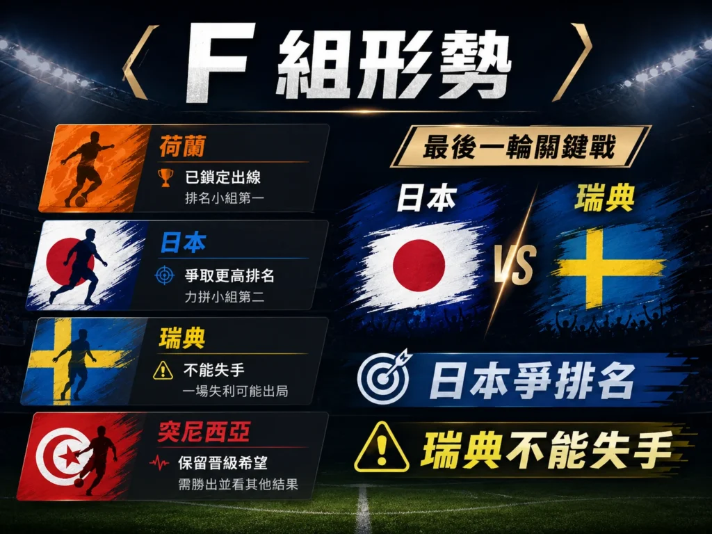 F 組最後一輪形勢，日本爭排名，瑞典不能失手。