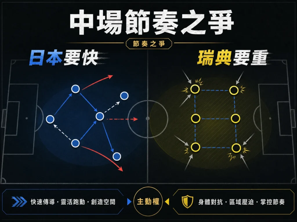 日本對瑞典中場節奏之爭，日本要快，瑞典要重。