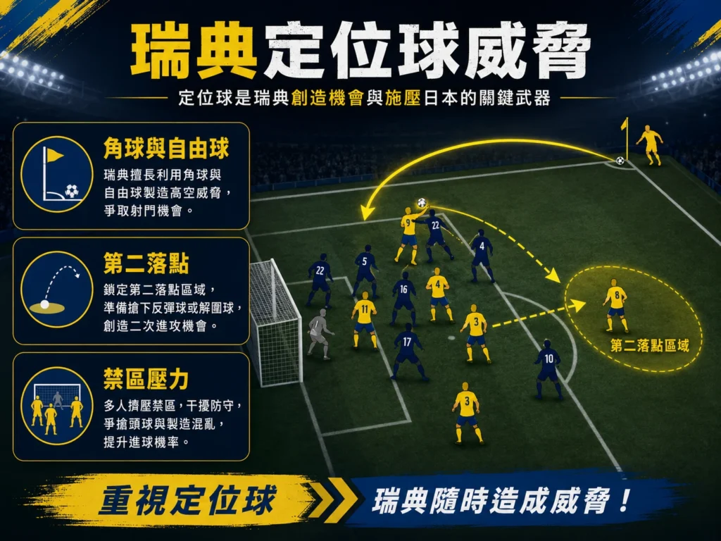 瑞典定位球威脅，角球、自由球與第二落點是進攻關鍵。