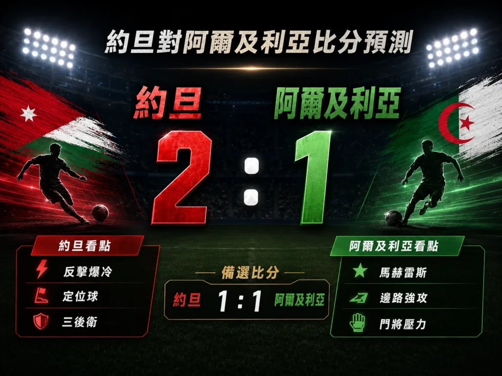 約旦對阿爾及利亞比分預測,主看約旦 2 比 1,備選 1 比 1。