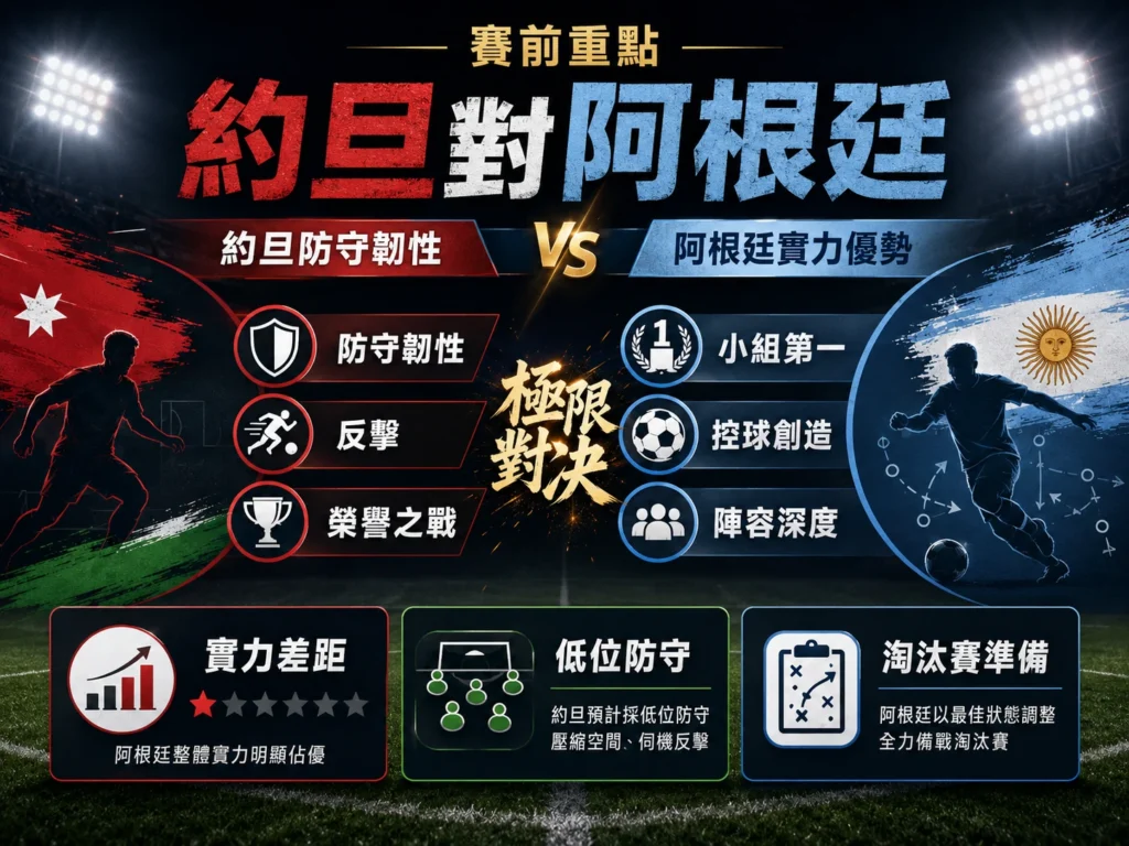約旦對阿根廷賽前重點，整理約旦防守韌性、反擊策略與阿根廷控球創造和陣容深度優勢。