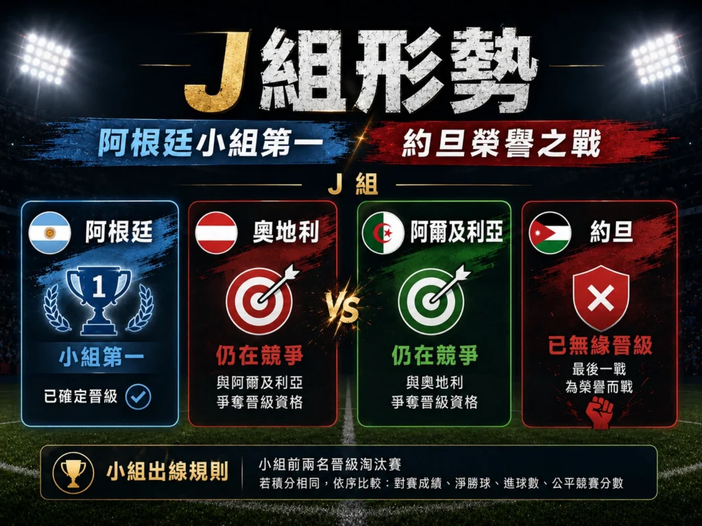J 組形勢分析，整理阿根廷小組第一、約旦榮譽之戰與其他隊伍晉級競爭。