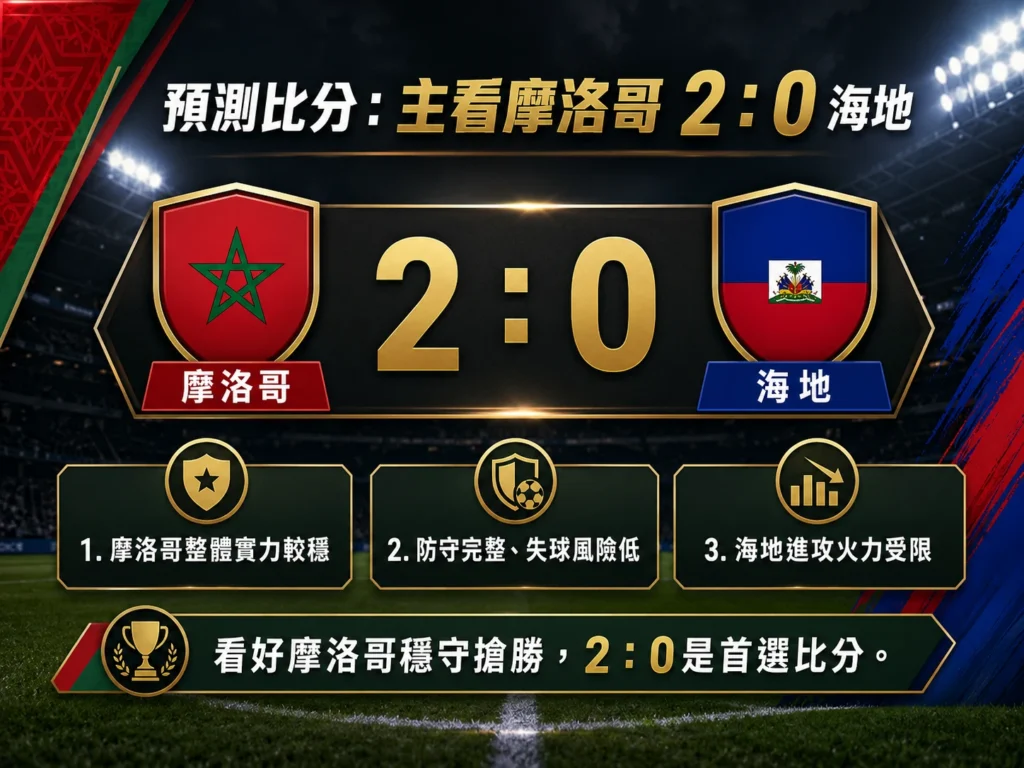 摩洛哥對海地比分預測，主看摩洛哥 2 比 0 取勝。