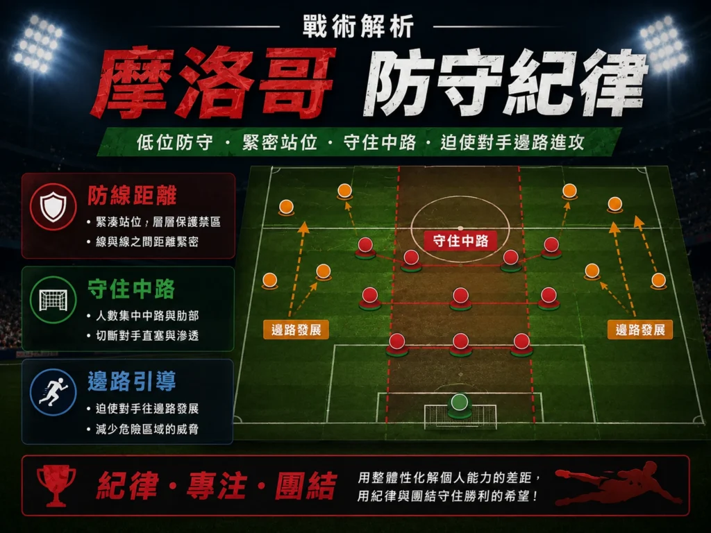 摩洛哥防守紀律分析，低位防守、緊密站位與中路保護是比賽重點。