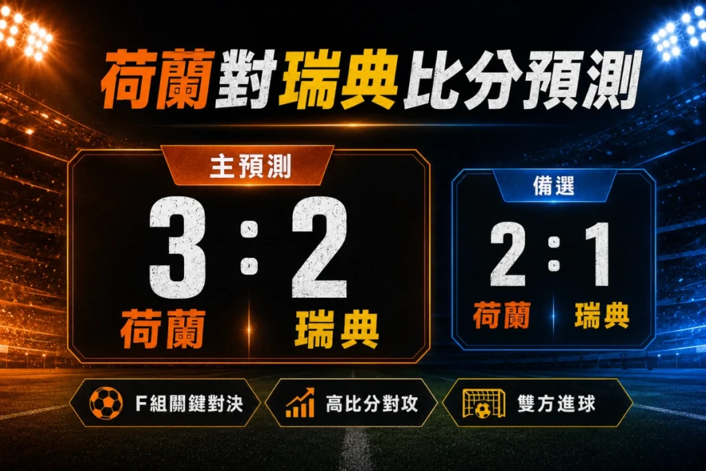 荷蘭對瑞典比分預測,主看荷蘭 3 比 2 取勝,備選比分 2 比 1。