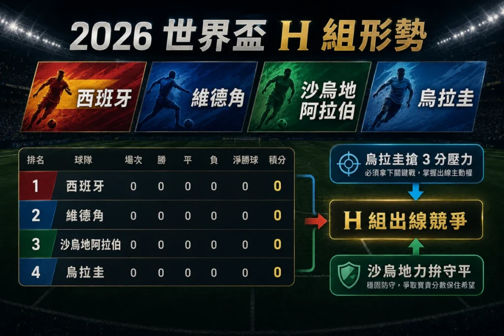 2026 世界盃 H 組形勢,分析沙烏地阿拉伯與烏拉圭搶分壓力。