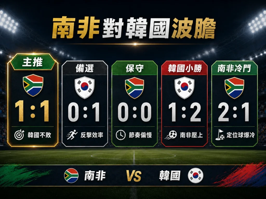 南非對韓國波膽整理，主推 1 比 1，備選韓國 1 比 0。