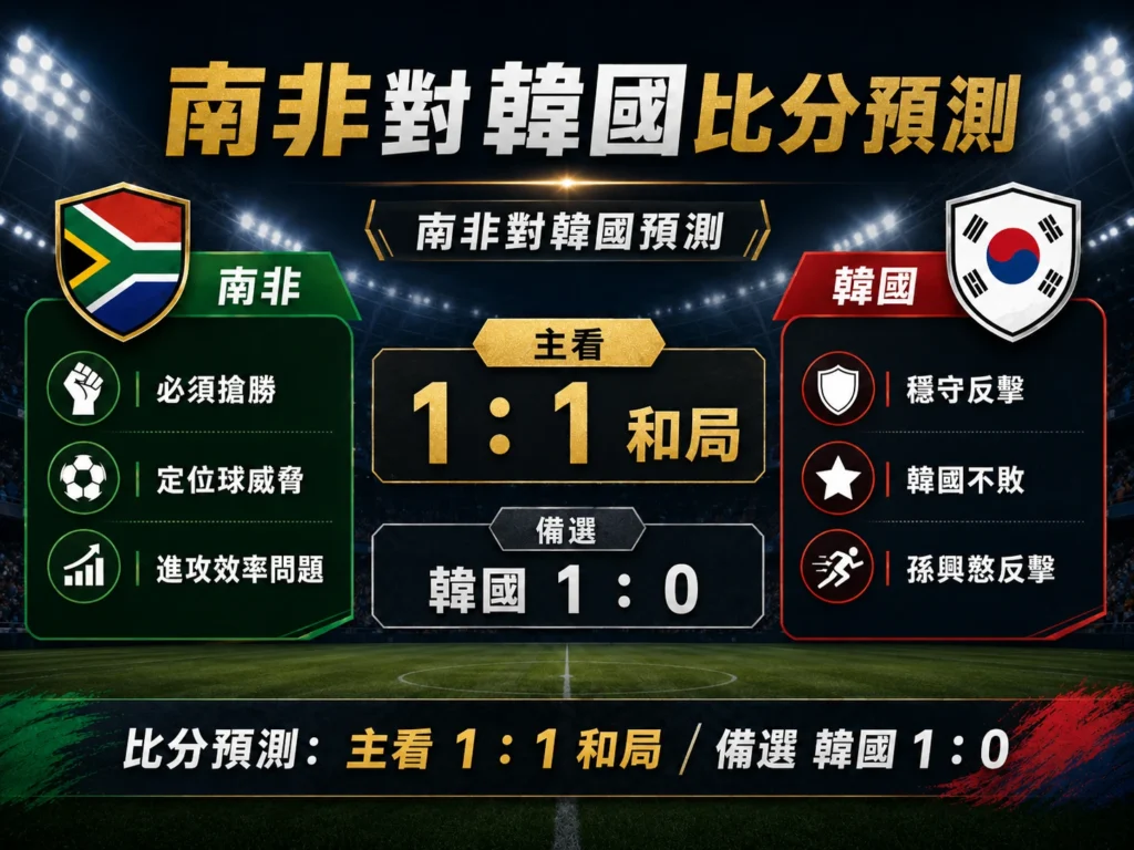 南非對韓國比分預測，主看 1 比 1 和局，備選韓國 1 比 0。