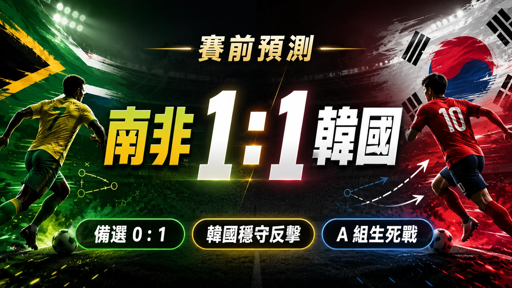 南非對韓國賽前預測，韓國穩守反擊，主看 1 比 1 和局。