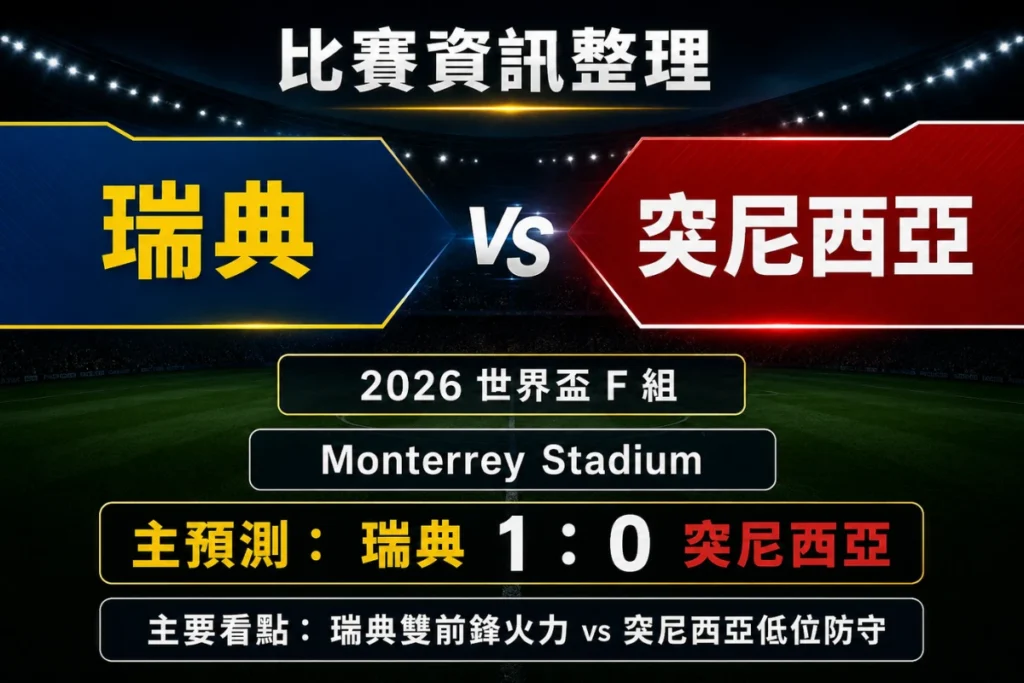 瑞典 vs 突尼西亞比賽資訊,整理場地、F 組對戰與瑞典 1 比 0 預測。