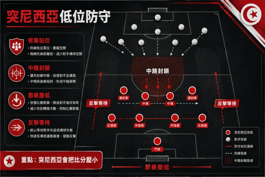 突尼西亞低位防守分析,整理中路封鎖、密集站位與低比分走向。