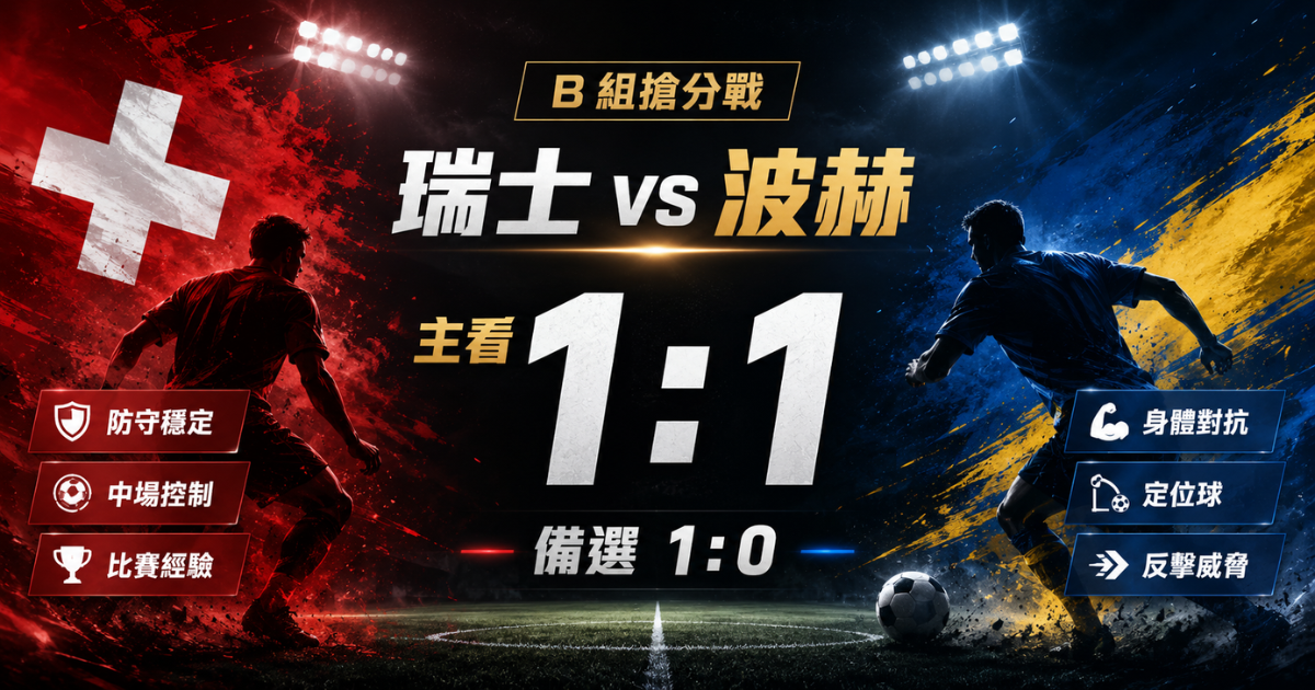 瑞士 vs 波赫預測,主看 1 比 1 和局,備選瑞士 1 比 0 小勝。