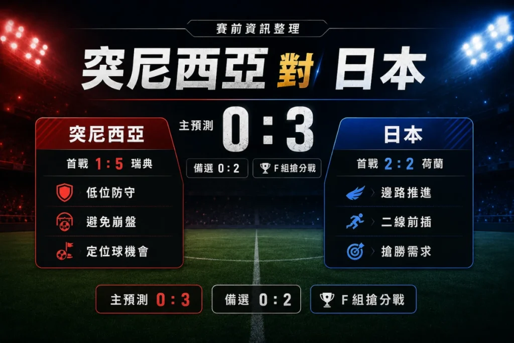 突尼西亞對日本賽前資訊整理,包含主預測日本 3 比 0、備選 2 比 0 與 F 組形勢。