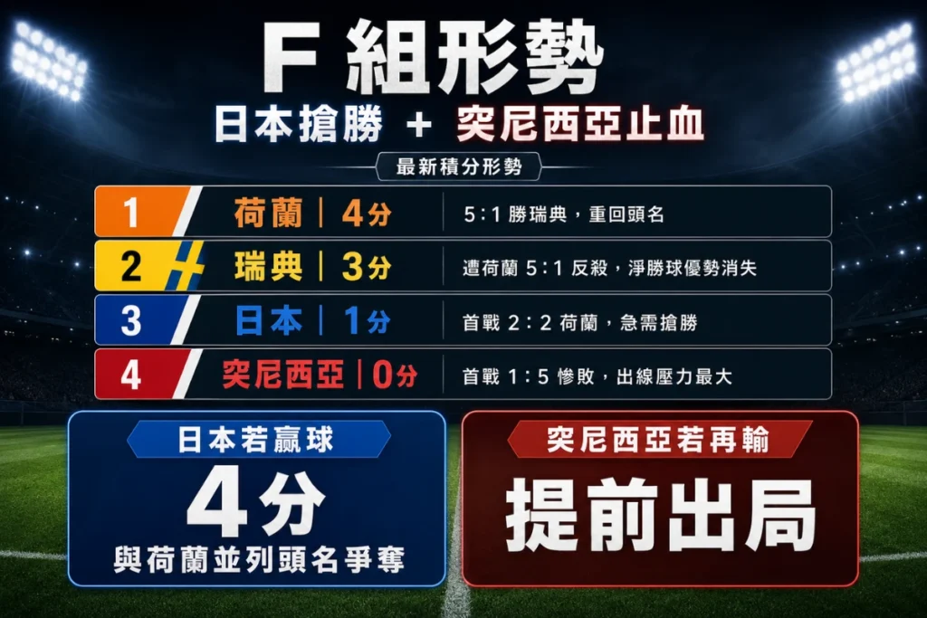 2026 世界盃 F 組形勢說明,整理荷蘭、瑞典、日本與突尼西亞積分形勢,以及日本搶勝出線壓力。