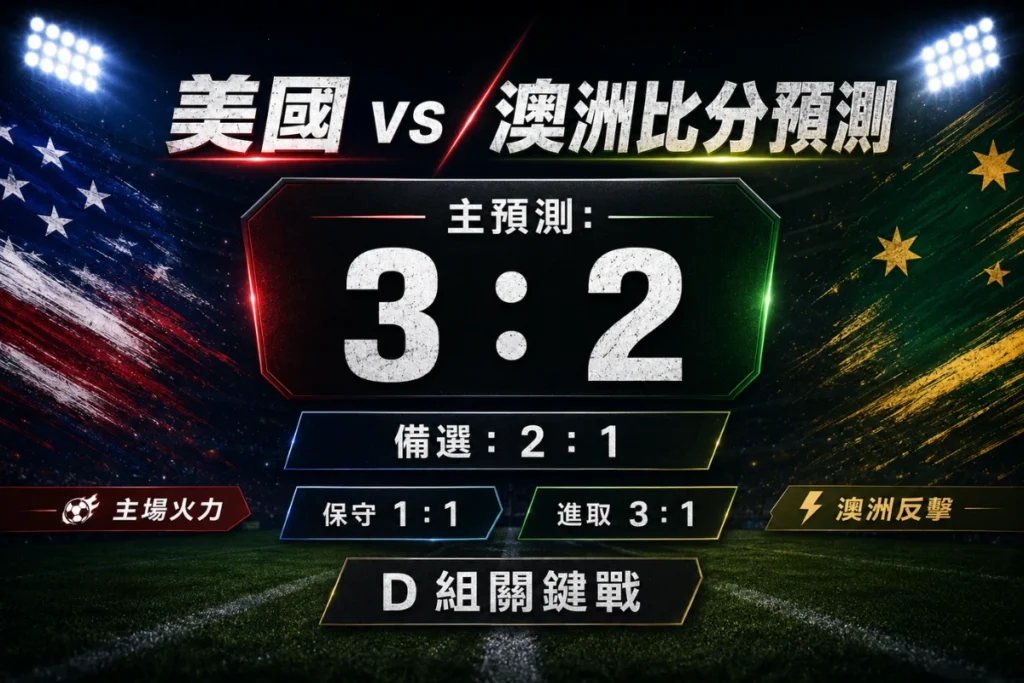 美國 vs 澳洲比分預測,主看美國 3 比 2 小勝,備選比分 2 比 1。