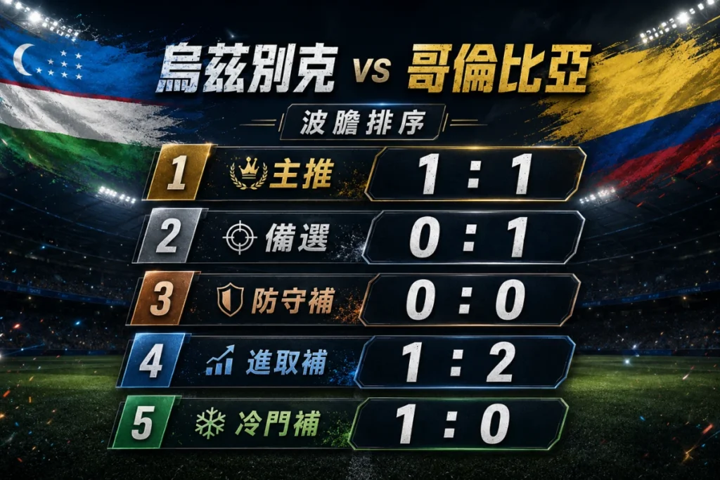 烏茲別克 vs 哥倫比亞波膽排序，整理 1 比 1 主推與 0 比 1 備選方向。