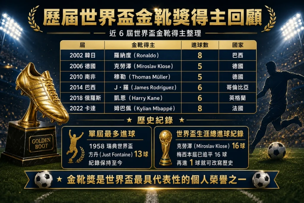 歷屆世界盃金靴獎得主回顧，整理近 6 屆金靴得主、進球數、國家與歷史進球紀錄。