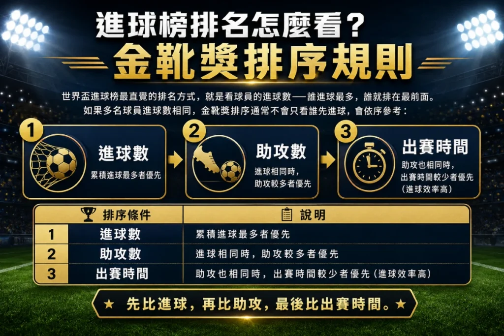 世界盃金靴獎排序規則說明，介紹進球數、助攻數與出賽時間的排名判斷方式。