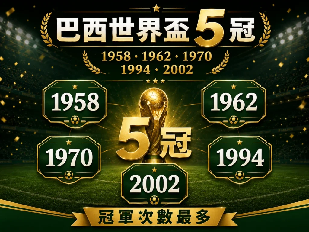 巴西世界盃冠軍次數最多，共 5 次奪冠，年份為 1958、1962、1970、1994、2002。