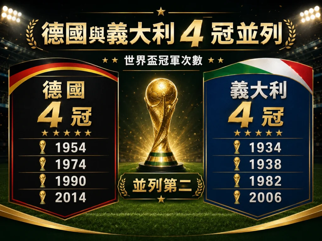 德國與義大利世界盃冠軍次數各 4 次，並列世界盃冠軍排名第二。