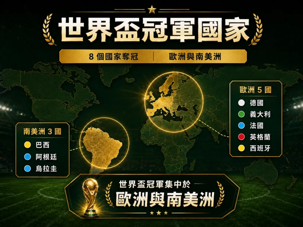 世界盃冠軍國家共有 8 個，主要集中在歐洲與南美洲。