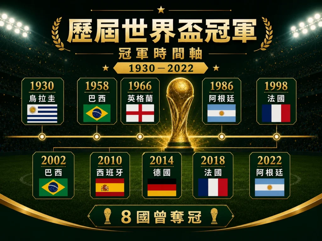 歷屆世界盃冠軍整理，呈現 1930 到 2022 年世界盃冠軍國家時間軸。