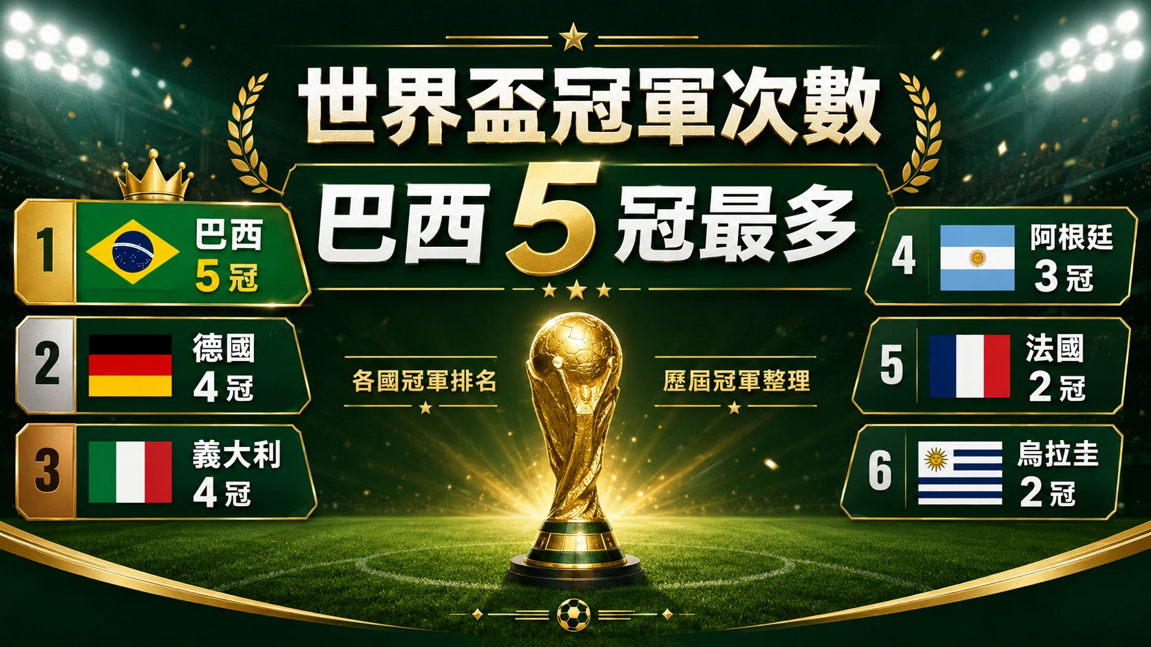 世界盃冠軍次數排名，整理巴西、德國、義大利、阿根廷等各國奪冠紀錄。