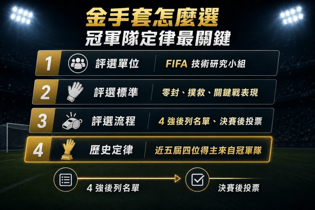 2026世界盃金手套評選標準,整理零封撲救與淘汰賽表現關鍵。