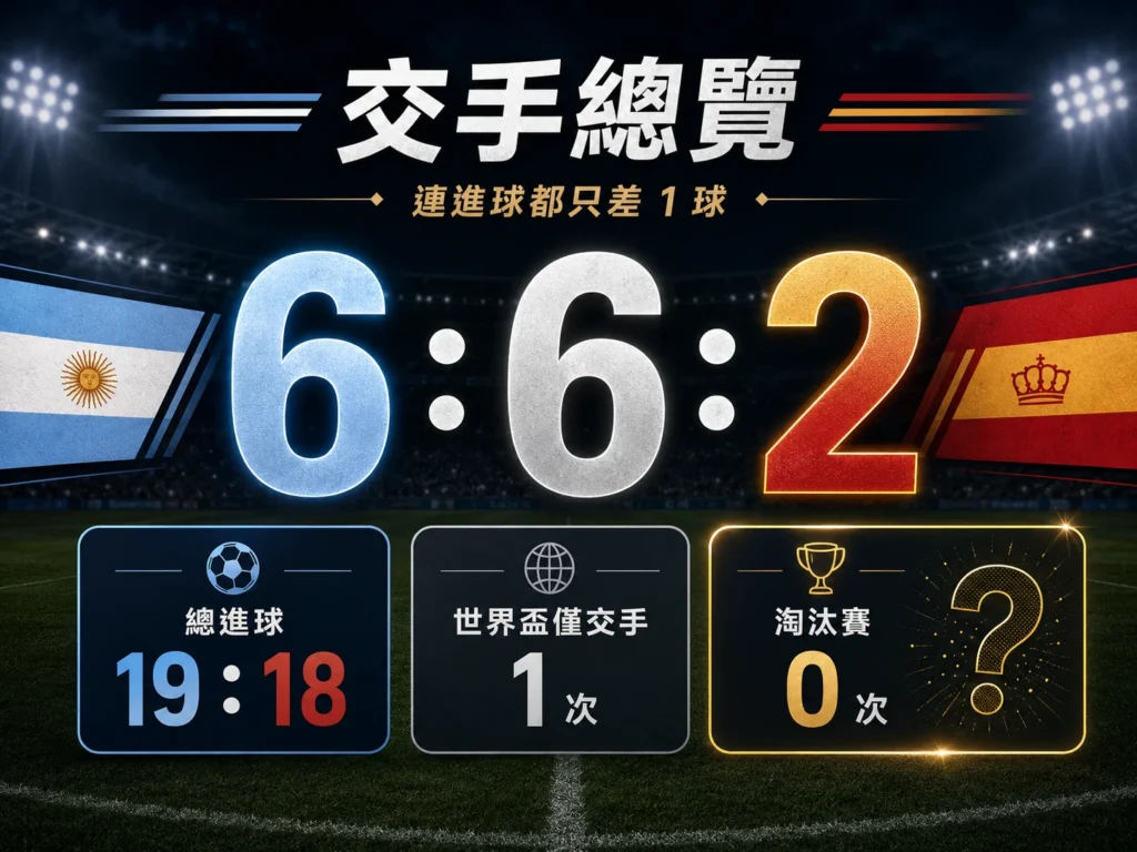 阿根廷對西班牙交手總覽,14次對戰6勝6負2和,總進球只差1球。