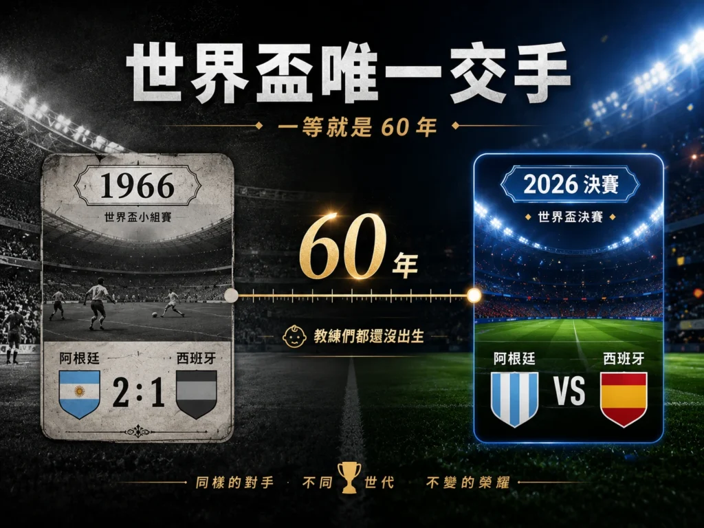 阿根廷對西班牙世界盃唯一交手,從1966小組賽到2026決賽相隔60年。