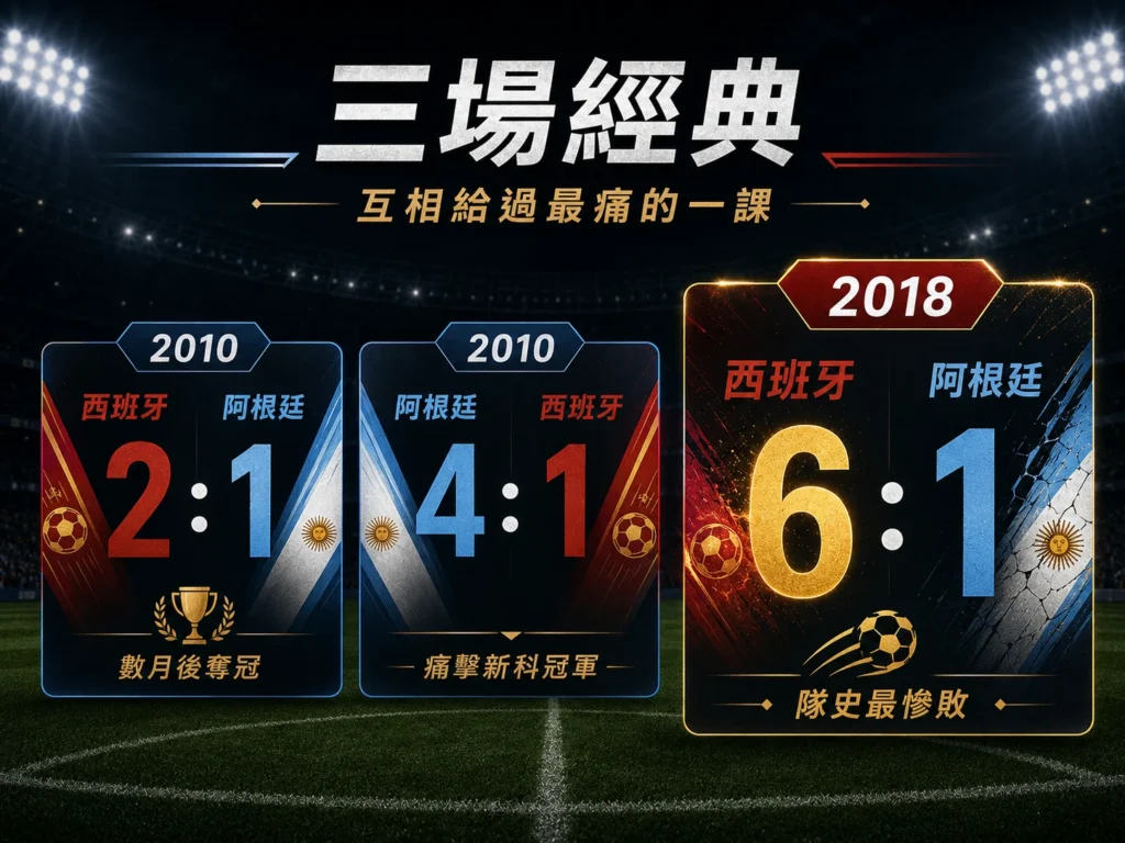 阿根廷對西班牙三場經典交手,整理2010與2018年重要比分。