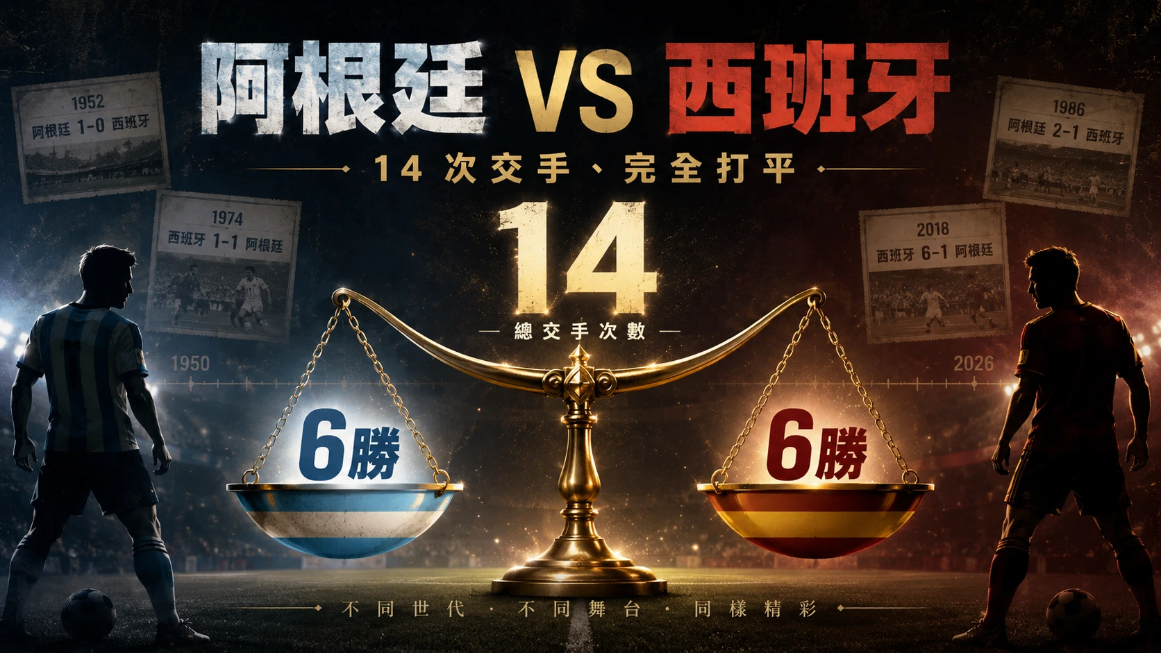 阿根廷對西班牙14次交手戰績完全打平,雙方各6勝呈現平衡對決。